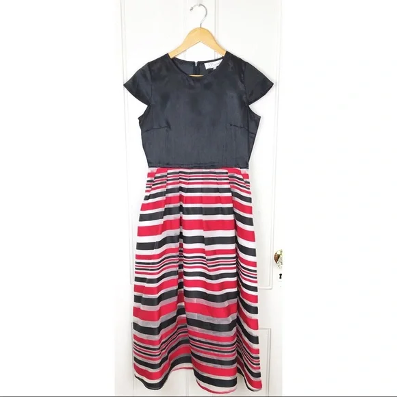 EY Boutique : size M : formal sheer striped short sleeve fit & flare midi-dress - Picture 1 of 8